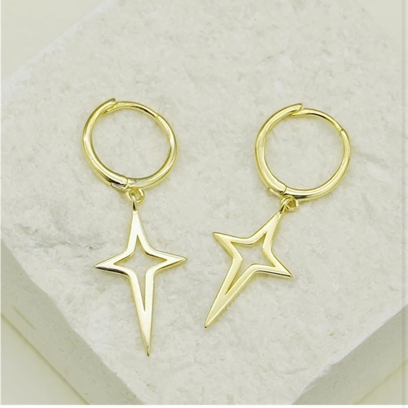 Sterling Silver Hinged Hoop 4 Point Star Cross Drop Hoop Earrings - Picture 4 of 6